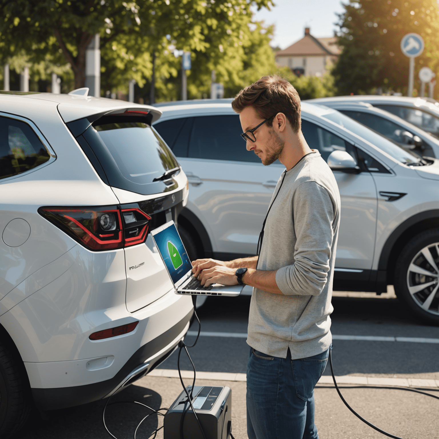 Illustration of a person using a laptop to recharge their electric vehicle online, with the vehicle connected to a charging station in the background