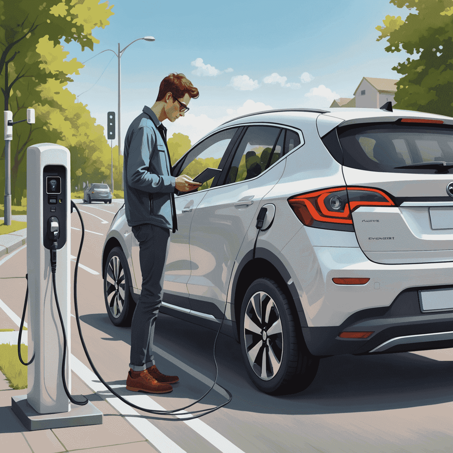 Illustration of a person using a computer or mobile device to recharge their electric vehicle online