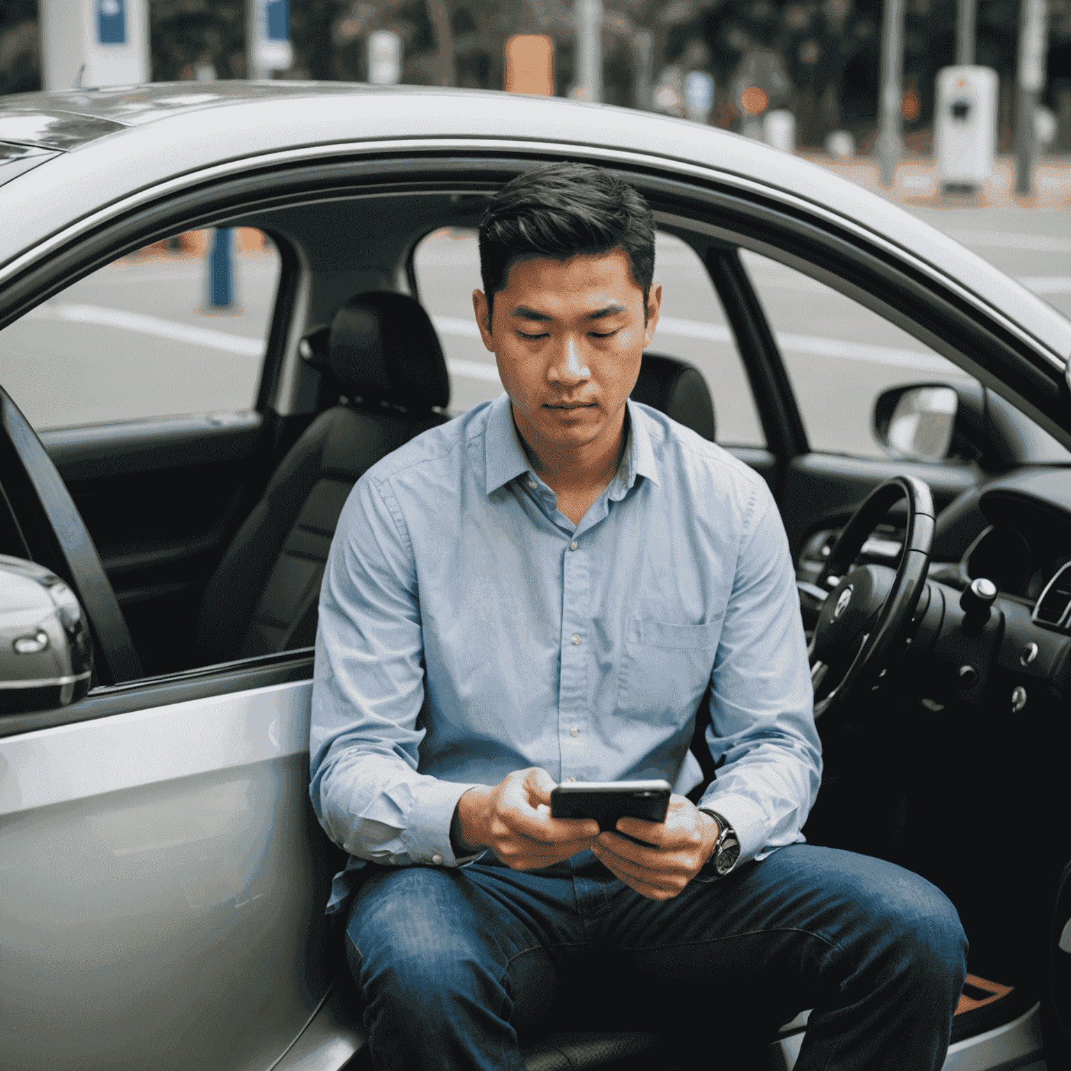 A driver sitting in their car using a smartphone to recharge their vehicle online through the Recharge Road & Transport Authority website