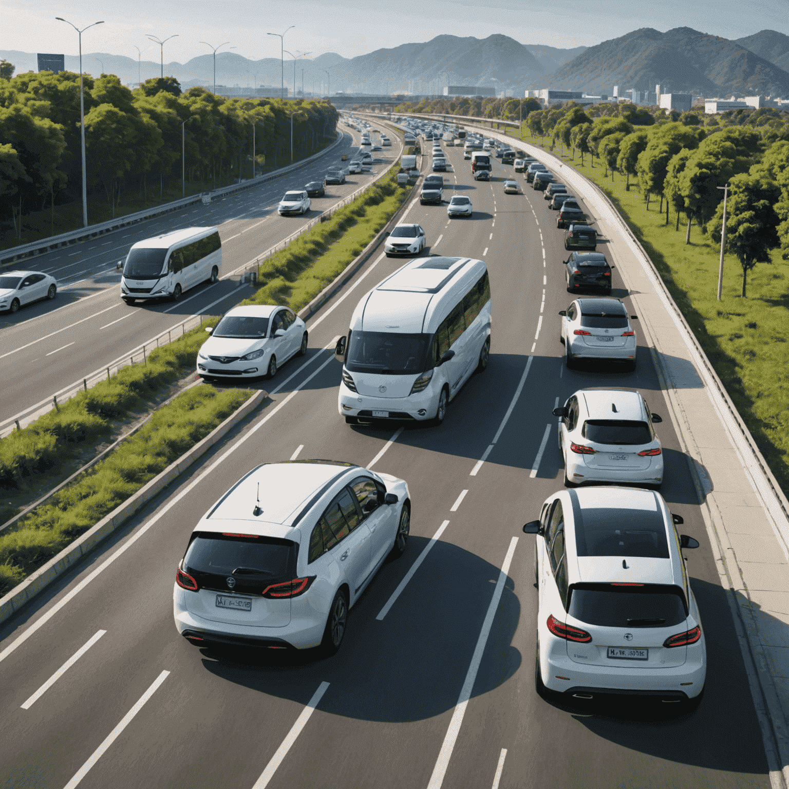 A busy highway with electric vehicles and charging stations along the roadside, symbolizing Recharge Road & Transport Authority's mission to provide efficient and eco-friendly transportation solutions