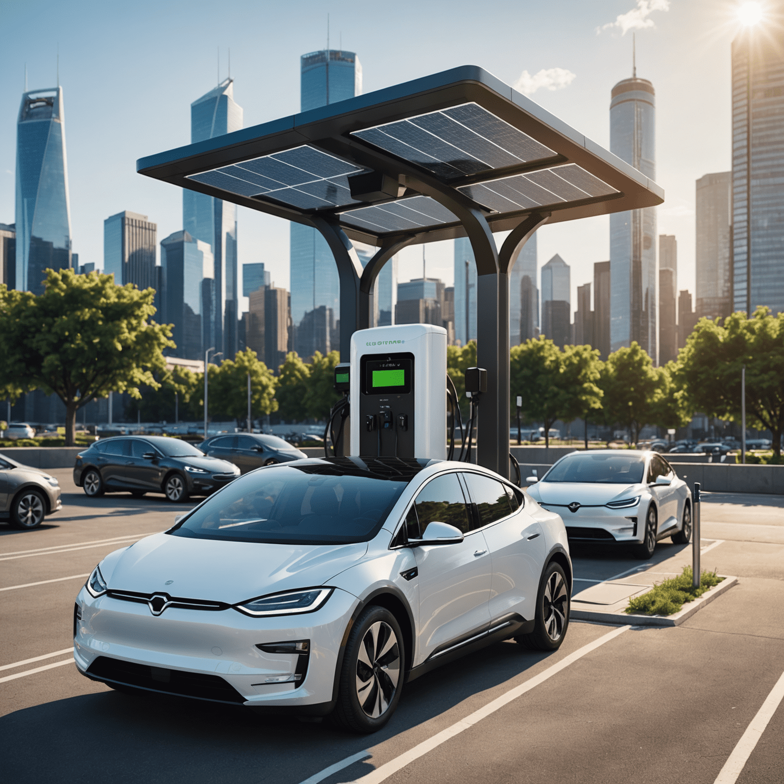 A modern electric vehicle charging station with multiple charging ports and solar panels, set against a city skyline