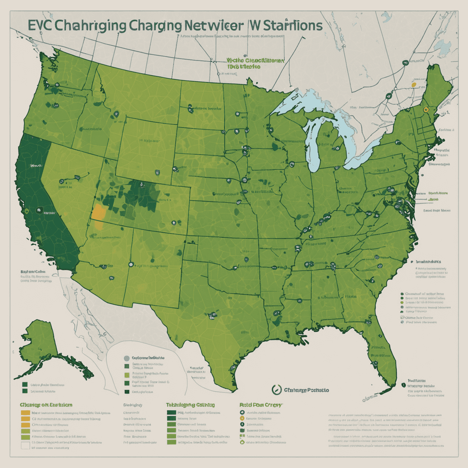 A map showing the extensive network of EV charging stations across the United States, with different colors indicating the type and capacity of each station